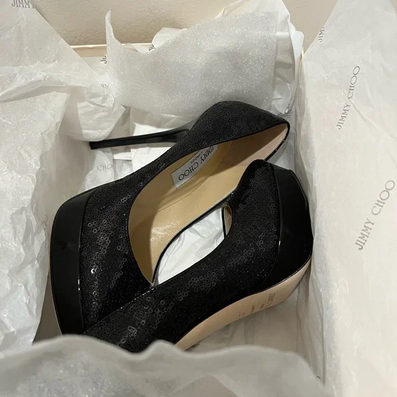 Jimmy Choo COSMIC Black Sequin Patent Leather Platform - Picture 7 of 13